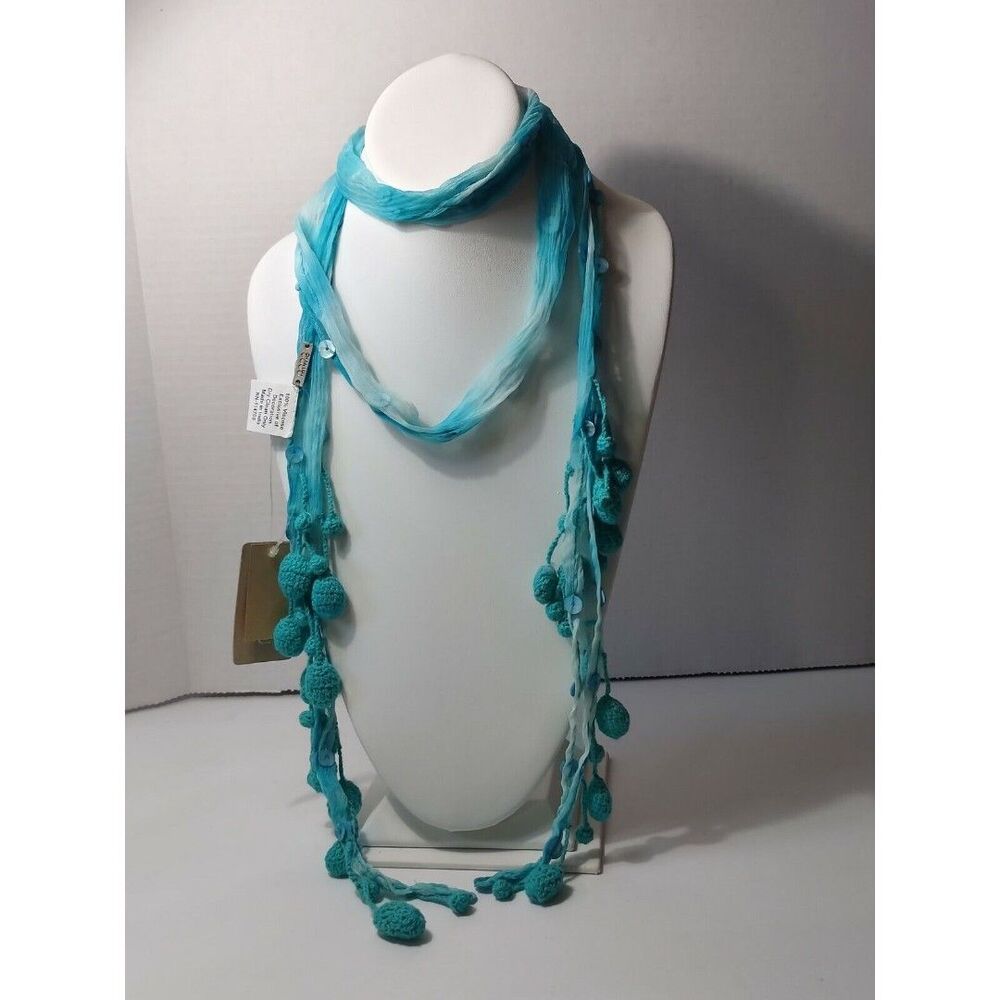 Chan Luu Turquoise Skinny Scarf crochet pompoms